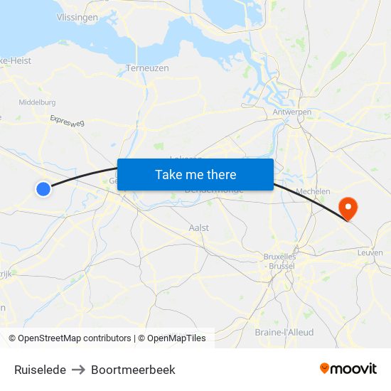 Ruiselede to Boortmeerbeek map