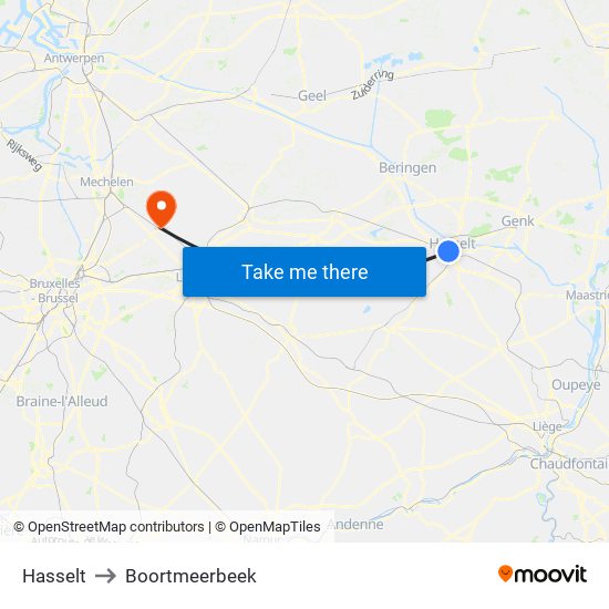 Hasselt to Boortmeerbeek map