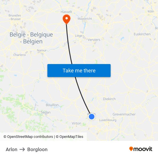 Arlon to Borgloon map