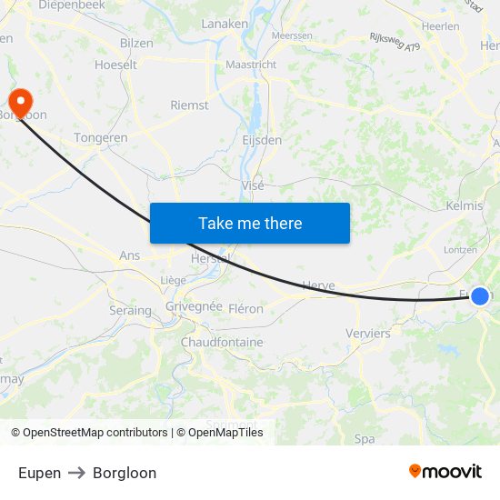 Eupen to Borgloon map