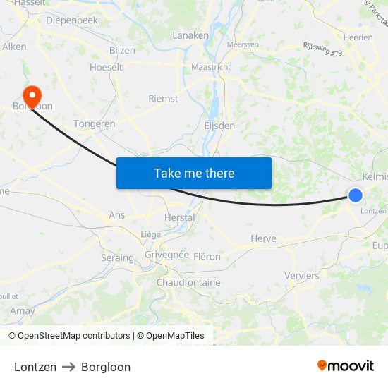 Lontzen to Borgloon map