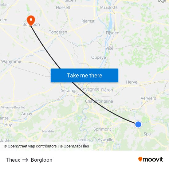 Theux to Borgloon map