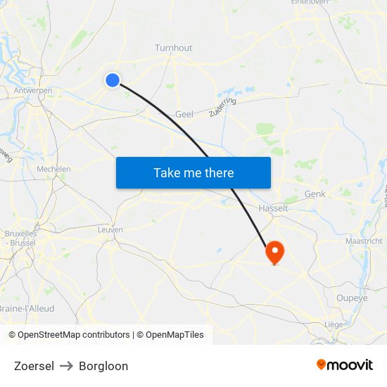 Zoersel to Borgloon map