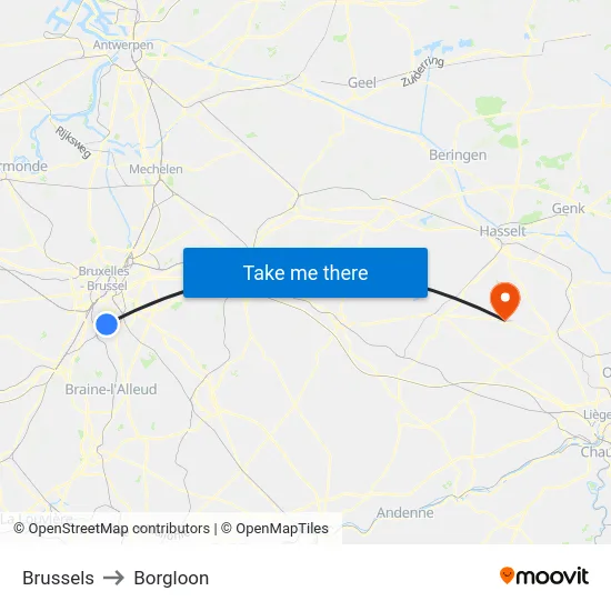 Brussels to Borgloon map