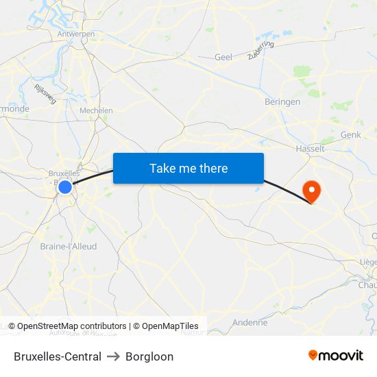 Bruxelles-Central to Borgloon map