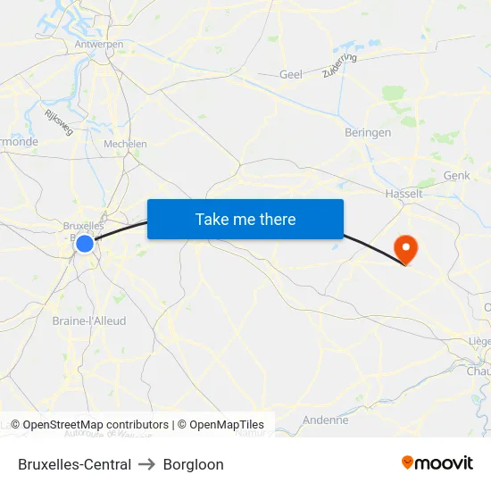 Bruxelles-Central to Borgloon map