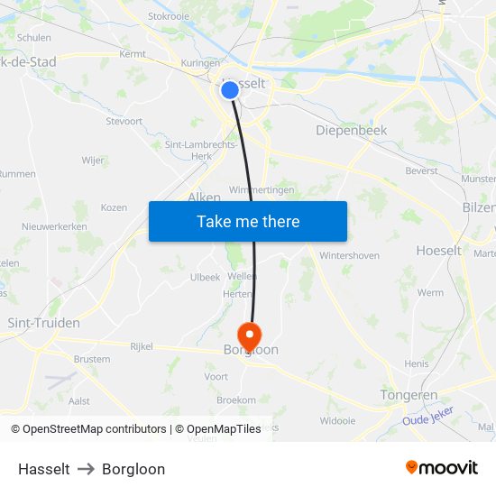 Hasselt to Borgloon map