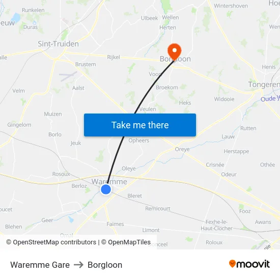 Waremme Gare to Borgloon map