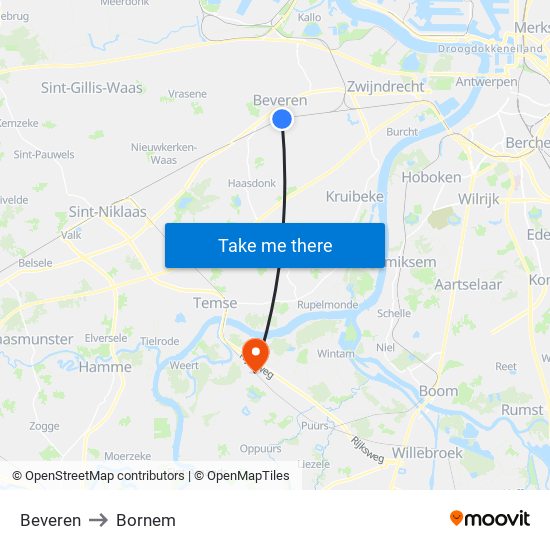 Beveren to Bornem map