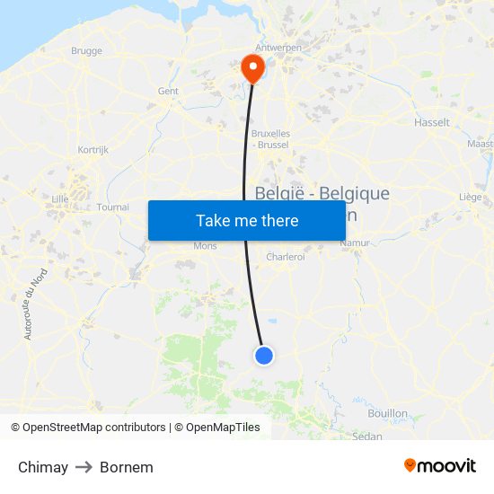 Chimay to Bornem map