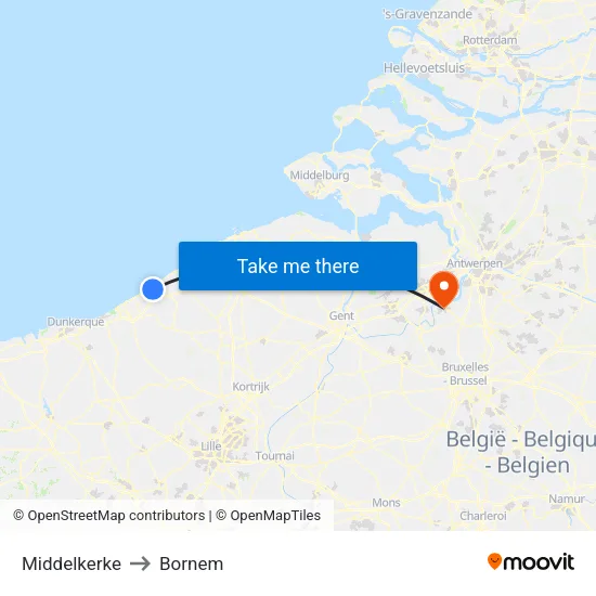 Middelkerke to Bornem map