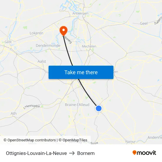 Ottignies-Louvain-La-Neuve to Bornem map