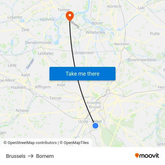Brussels to Bornem map