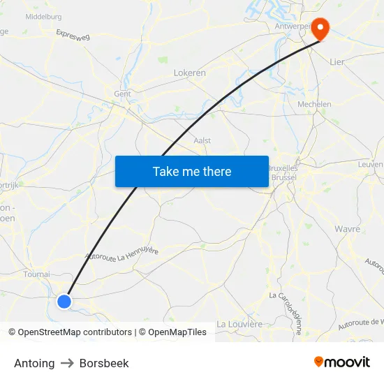 Antoing to Borsbeek map