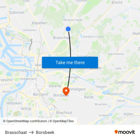 Brasschaat to Borsbeek map