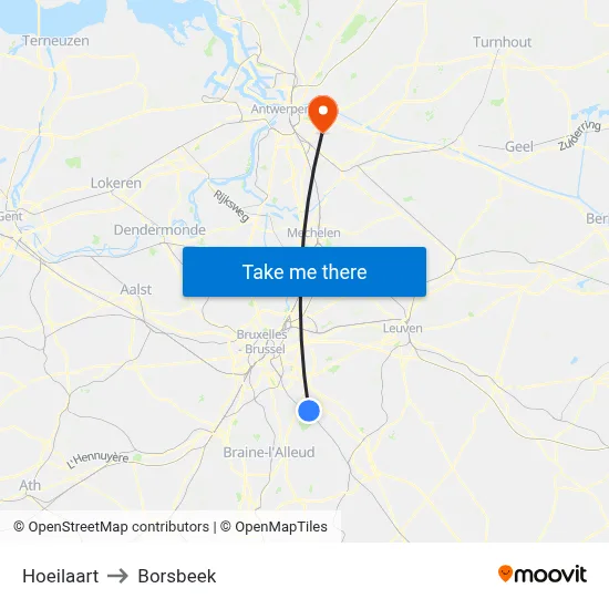 Hoeilaart to Borsbeek map