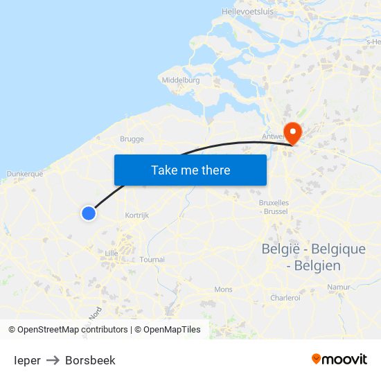 Ieper to Borsbeek map