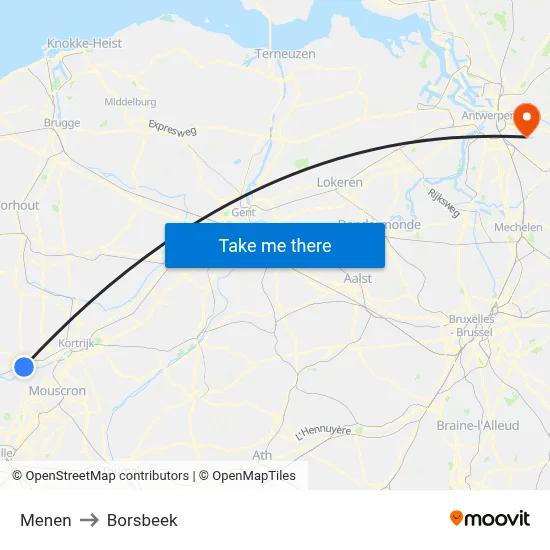 Menen to Borsbeek map