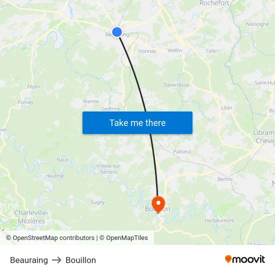 Beauraing to Bouillon map