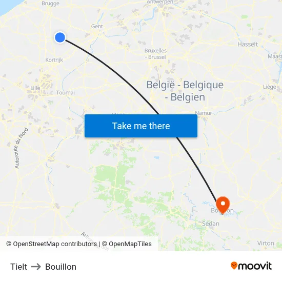 Tielt to Bouillon map