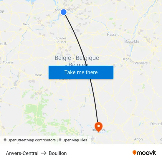 Anvers-Central to Bouillon map