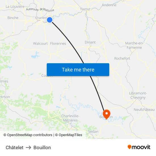 Châtelet to Bouillon map