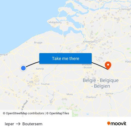 Ieper to Boutersem map