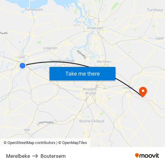 Merelbeke to Boutersem map
