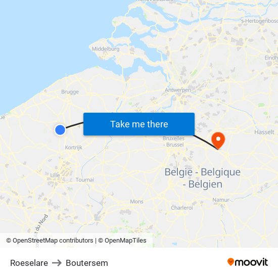 Roeselare to Boutersem map