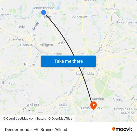 Dendermonde to Braine-L'Alleud map