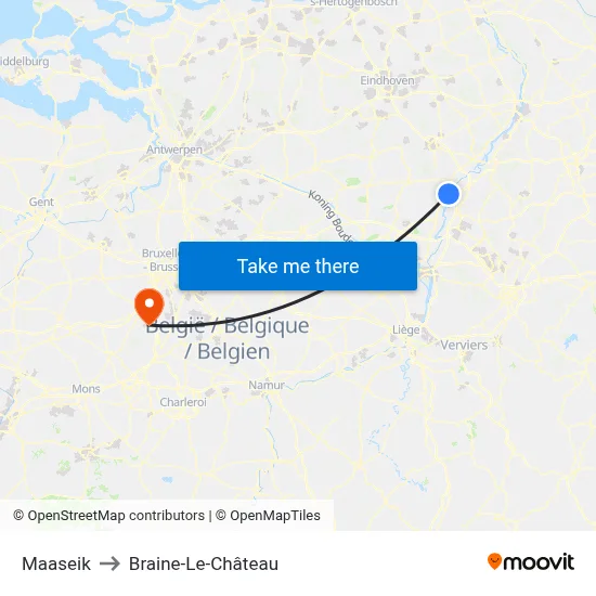 Maaseik to Braine-Le-Château map