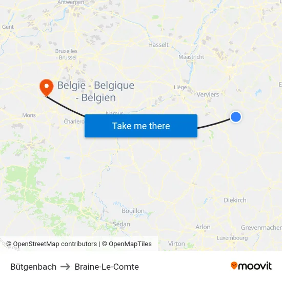 Bütgenbach to Braine-Le-Comte map