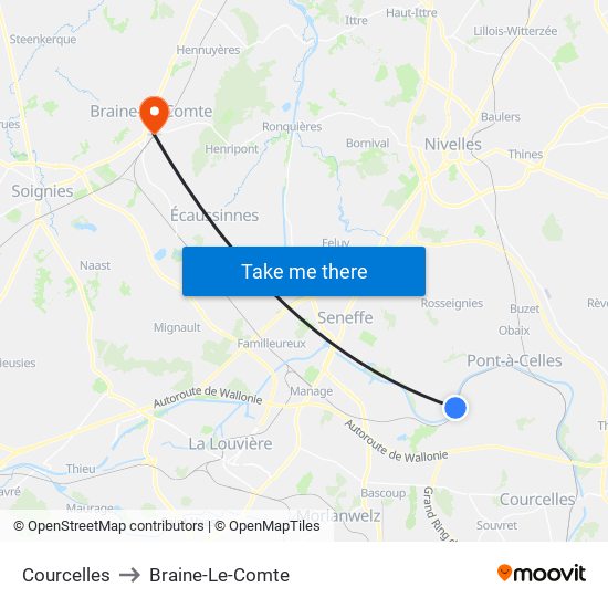 Courcelles to Braine-Le-Comte map