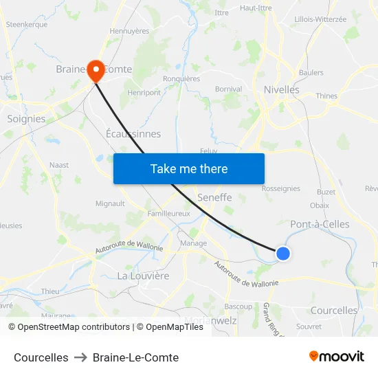 Courcelles to Braine-Le-Comte map