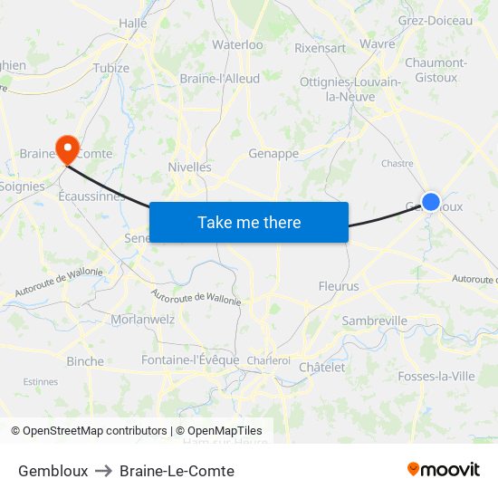 Gembloux to Braine-Le-Comte map