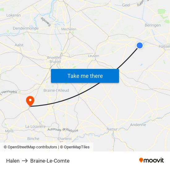 Halen to Braine-Le-Comte map