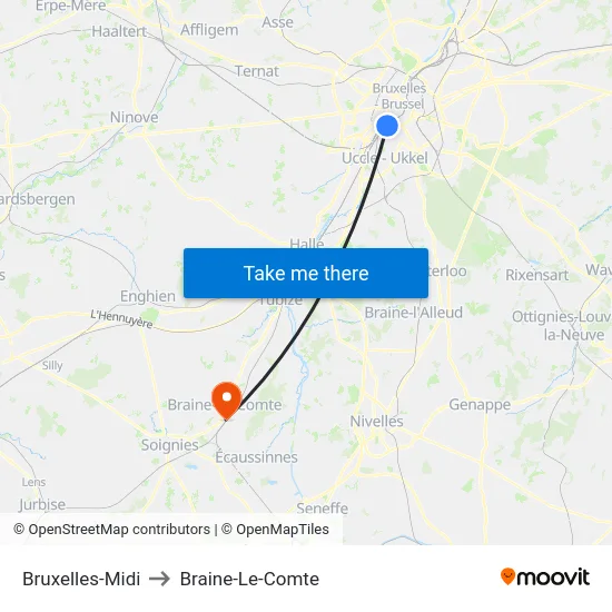 Bruxelles-Midi to Braine-Le-Comte map