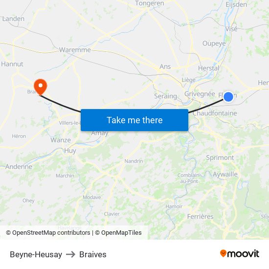 Beyne-Heusay to Braives map