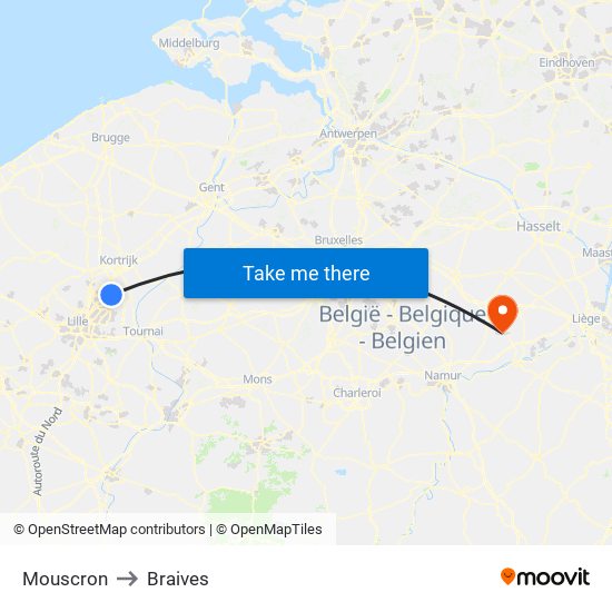 Mouscron to Braives map