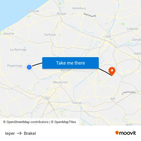 Ieper to Brakel map