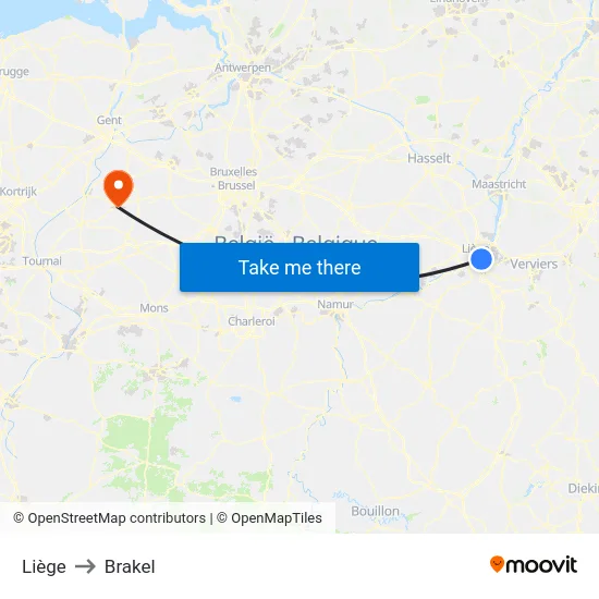 Liège to Brakel map