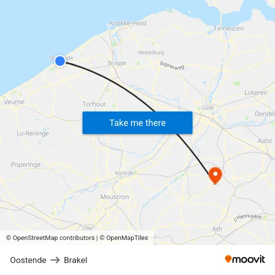 Oostende to Brakel map