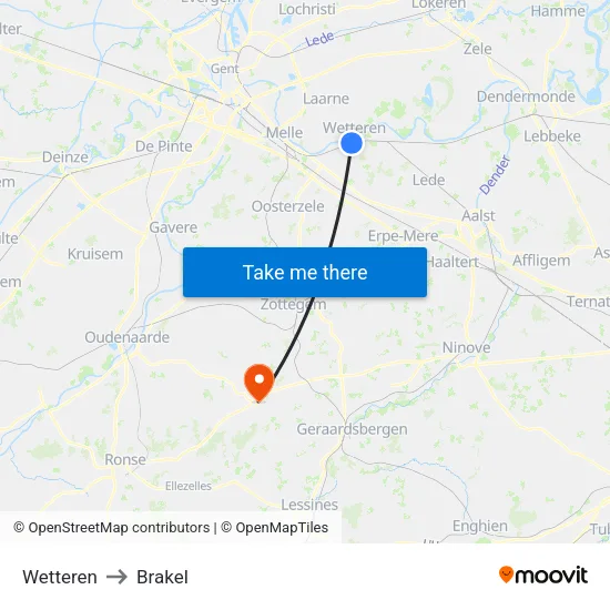 Wetteren to Brakel map
