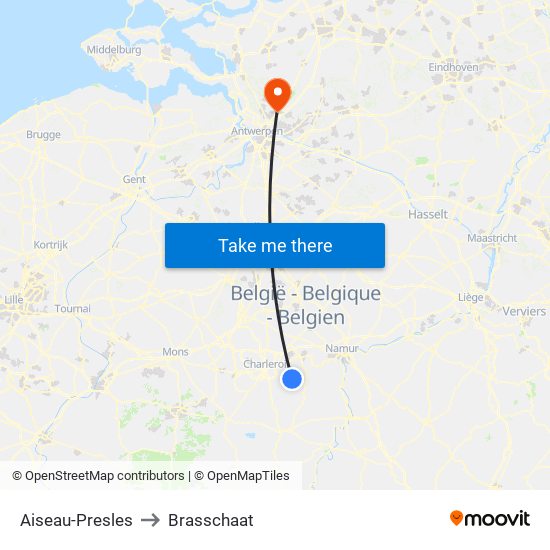 Aiseau-Presles to Brasschaat map