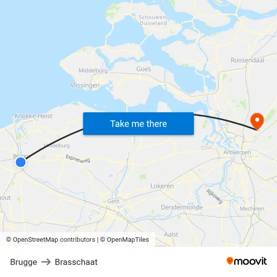 Brugge to Brasschaat map