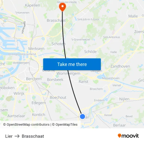 Lier to Brasschaat map