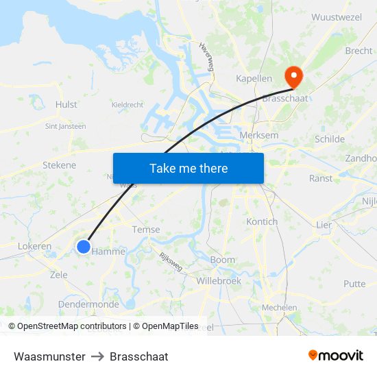 Waasmunster to Brasschaat map