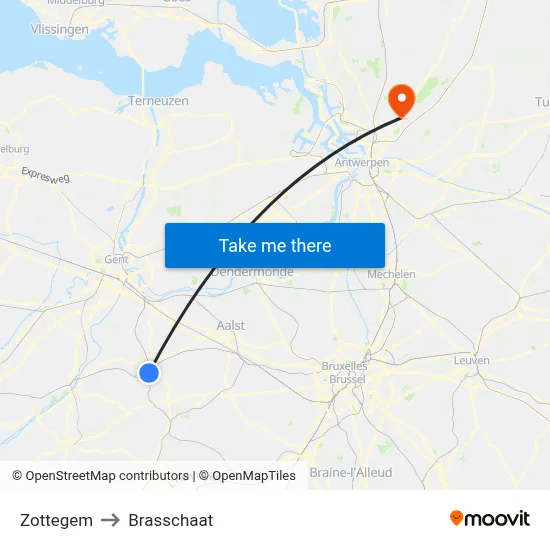 Zottegem to Brasschaat map