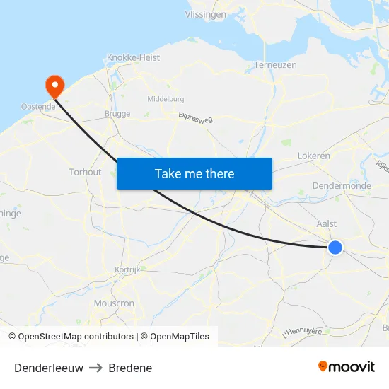 Denderleeuw to Bredene map