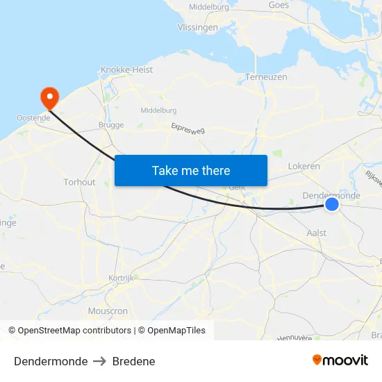 Dendermonde to Bredene map